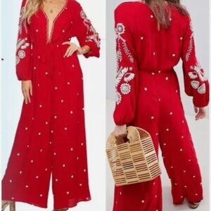Free People Crepe V-Neck Red Jumpsuit NWOT